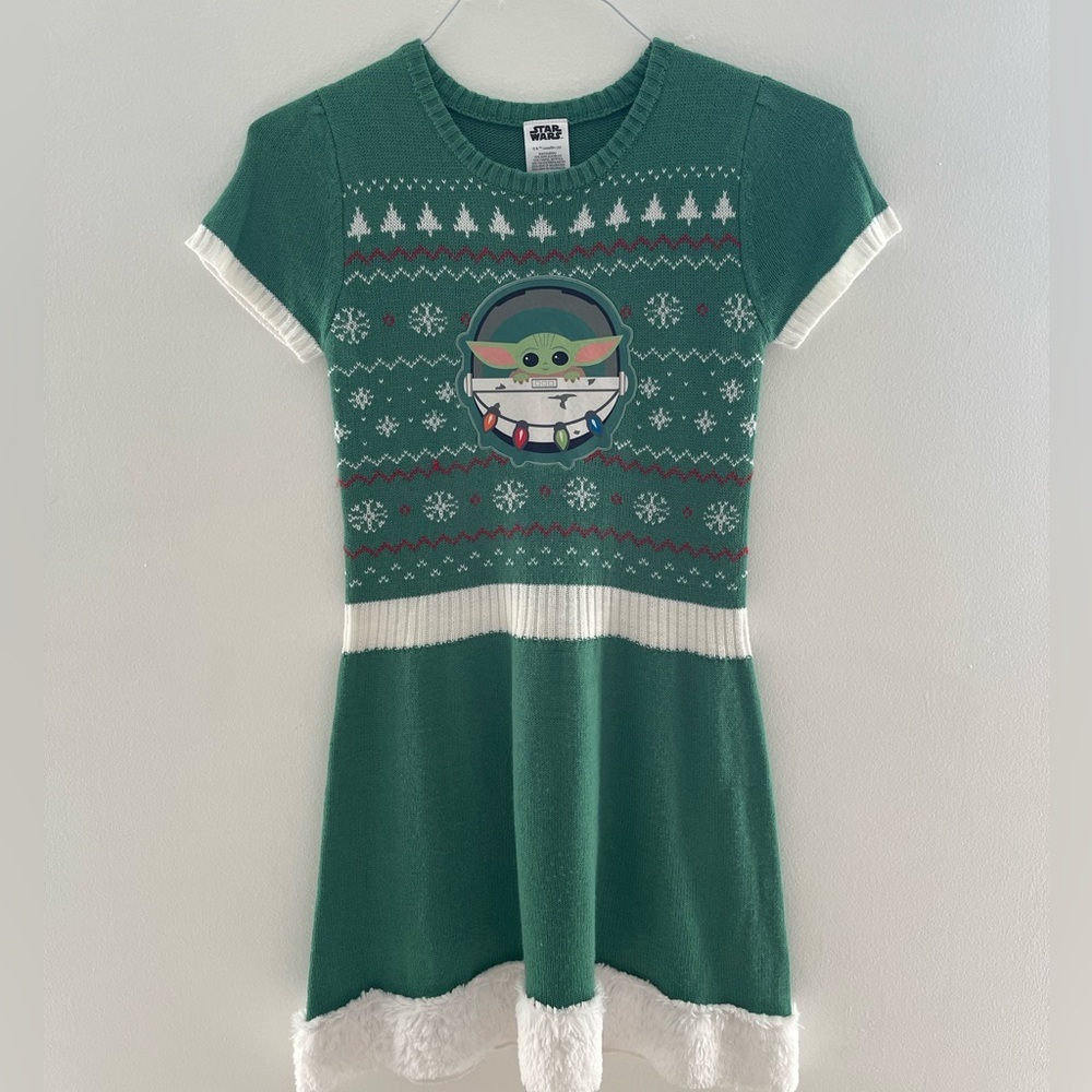 Girls Star Wars Grogu Christmas Sweater Dress Large 10/12